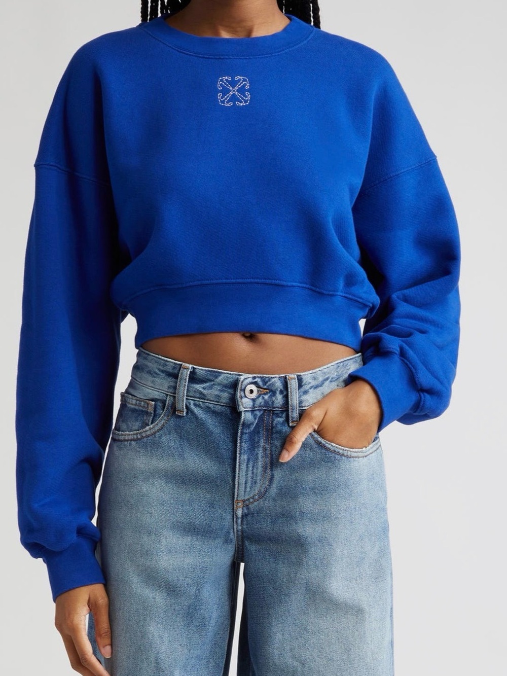 Off white Cropped Royal Blue  Sweatshirt embroidered mini arrow logo XS NEW